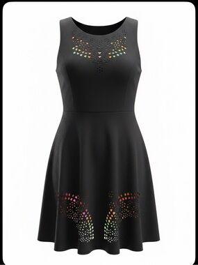 Desigual XXL Black Sleeveless A-Line Dress with Colorful Eyelet Cutout Detail